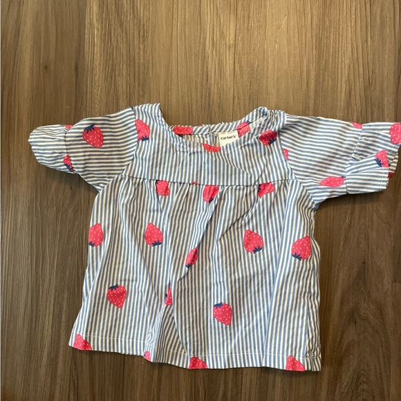 Carter's Blue and Pink Striped strawberry baby girl Kids Top size 6 months - Picture 1 of 4